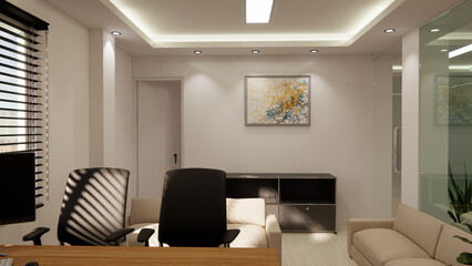 Modern and functional office interior design, expertly rendered in 3D. This visualization showcases a productive and stylish workspace, featuring sleek white desks with ergonomic chairs, ample natural