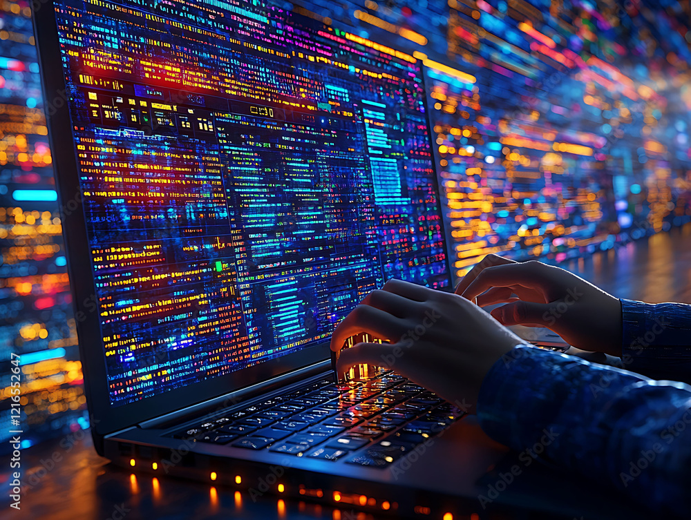 Poster cyberpunkstyle image of hands coding on a laptop, surrounded by vibrant digital code. perfect for te