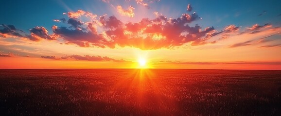 Obraz premium Vibrant sunset over a vast, flat field.