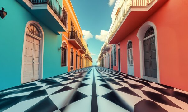 Forced perspective view of historic street in San Juan, Puerto Rico