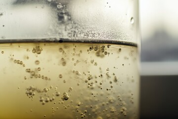 Bubbles rise in refreshing drink, reflecting light and creating