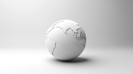 A minimalist 3D illustration of a white globe featuring black outlines of continents,