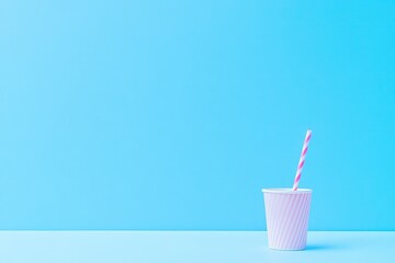 Minimalist scene featuring pastel cup with striped straw against