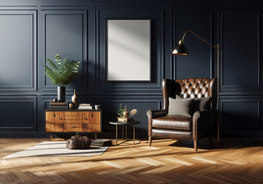 Eleganter Wohnraum mit Sitzm&ouml;bel und einem Blanko-Wandbild, mock-up, Vorlage f&uuml;r Raumbilder mit Poster oder Leinwandbilder