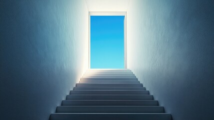 A perspective view of a long, white staircase leading up to an open door,