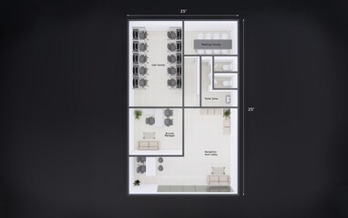 Detailed 3D floor plan of a modern office space, providing a comprehensive overhead view of the layout. This visualization showcases the arrangement of desks, workstations, meeting rooms, and common