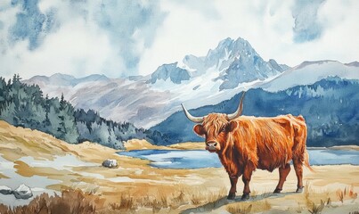forced perspective watercolor painting of highland cow in mountains