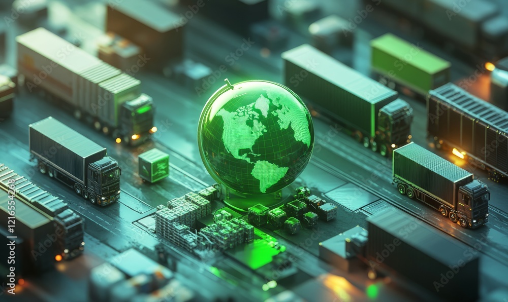 Poster global network of export import processes depicted with green globe surrounded by trucks, containers