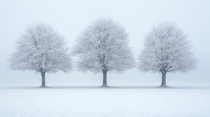Frosty trees in winter fog; serene landscape for calendar or website