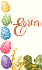 vector card with the inscription happy easter with easter eggs and spring flowers. hand drawn