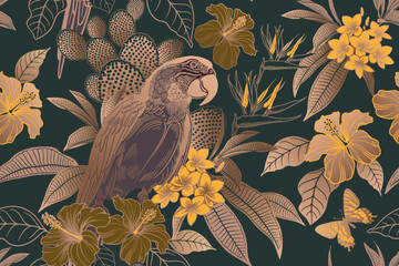 Exotic flowers and parrot. Seamless floral pattern. Black and gold. Vector