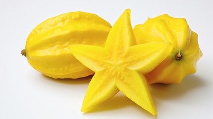 Bright yellow starfruit presented on a clean white surface with whole fruits alongside sliced pieces