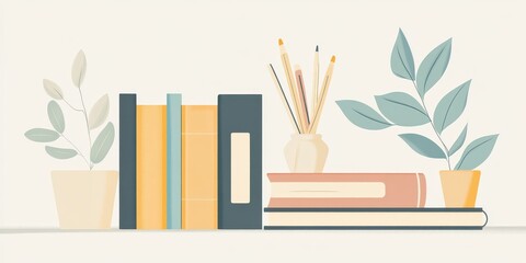 Books Plants And Pencils Arranged On A Shelf