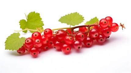 Bunch of fresh red currants with leaves on a white background highlighting their vibrant color and natural texture