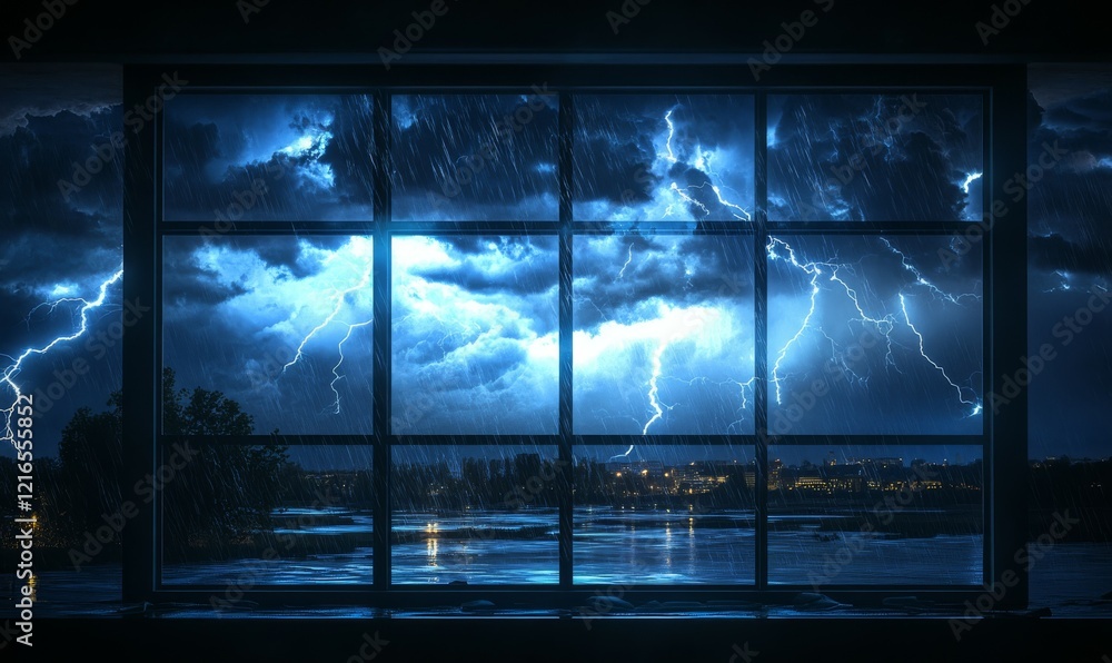 Poster forced perspective view of a storm through a window with lightning strikes