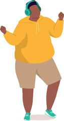 One Plus Size Black Man In Hooded Sweatshirt Dancing While Listening To Music With Wireless Headphone.