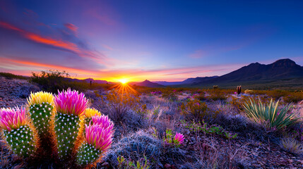 Vibrant Desert Sunset with Blooming Cactus