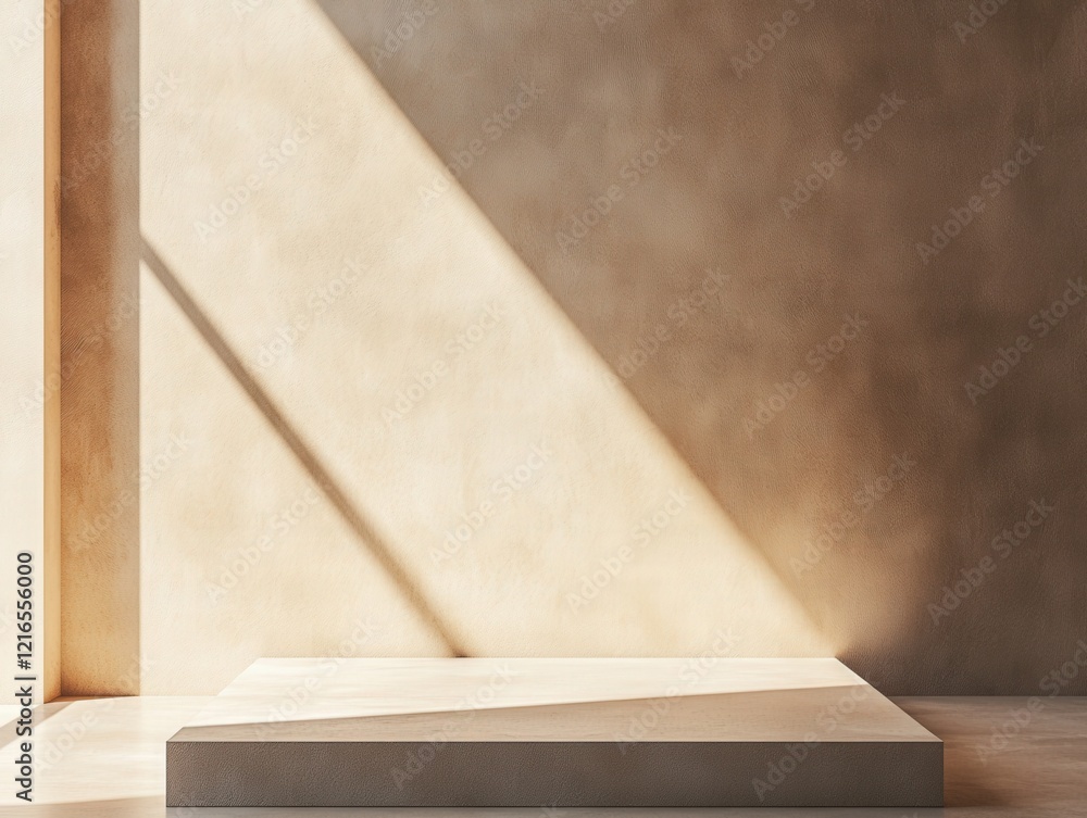 Poster minimal beige background with a platform for product placement and sunlight shining through a window