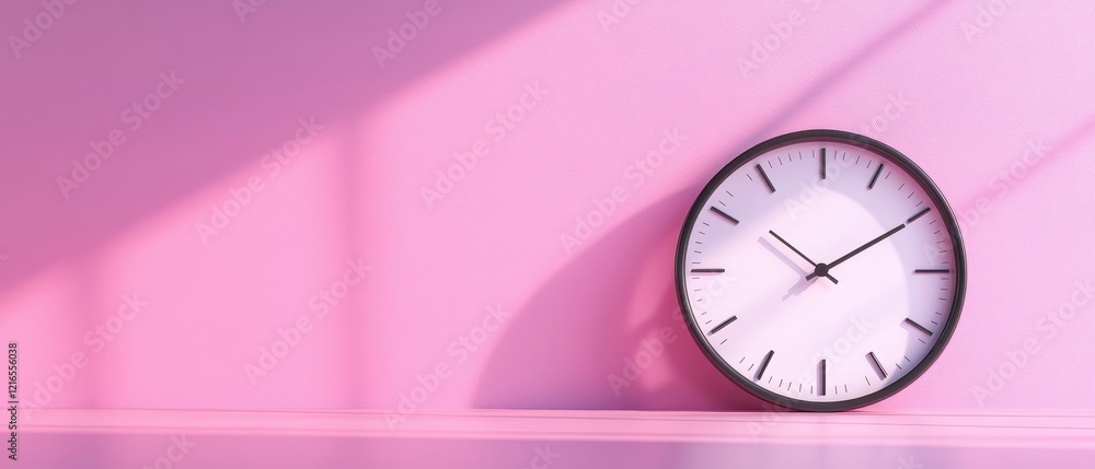 Poster a modern clock on a pink background with soft light casting shadows.