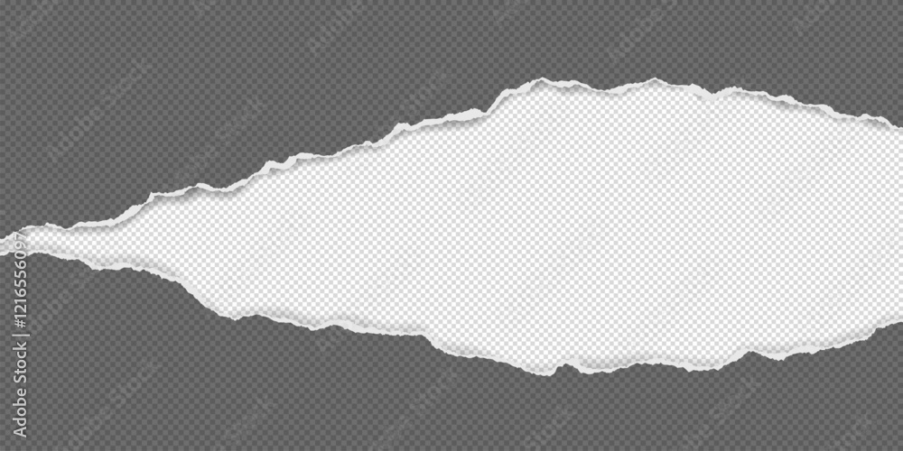 Poster dark grey and white piece of paper with torn edges and soft shadow are on white background for text 