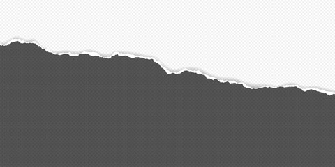 Dark grey and white piece of paper with torn edge and soft shadow are on white background for text or ad.