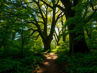 Naklejka premium Amazing nature view, tranquil forest pathway with rays of sunlight through trees leaves, Stunning spring summer scenic landscape wallpaper background. Meditation inspire natural sunrise forest trail