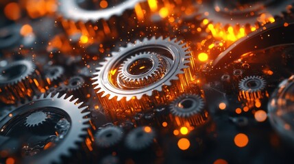 A close-up view of a metallic gear surrounded by a blurred background of various gears.