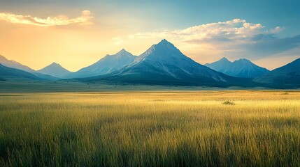 Obraz premium Golden Sunset over Mountain Range and Grassland. Peaceful nature scene, ideal for travel brochures or desktop wallpapers