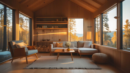Fototapeta premium Cozy Scandinavian Cabin Interior With Scenic Views And Warm Natural Lighting
