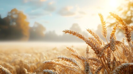 Golden wheat field sunrise, rural landscape, misty morning, harvest season, agricultural background