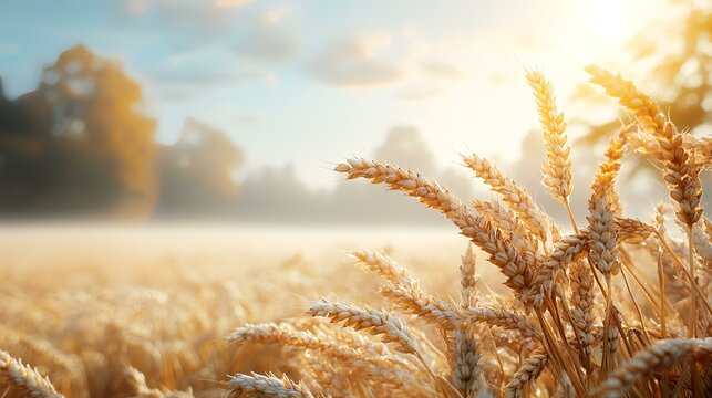 Golden wheat field sunrise, rural landscape, misty morning, harvest season, agricultural background - Powered by Adobe