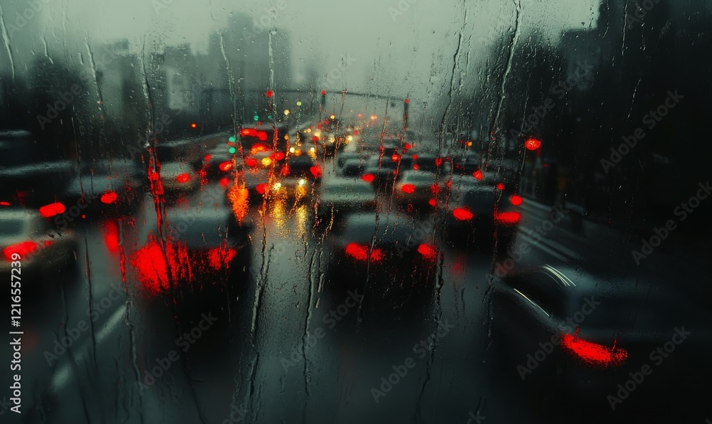 Poster heavy traffic on congested highway is visible through rain soaked window, creating blurred and moody