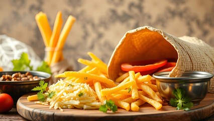 Crispy French Fries with Grated Cheese, Tomato Slices, and Dipping Sauce on Rustic Wooden Board
