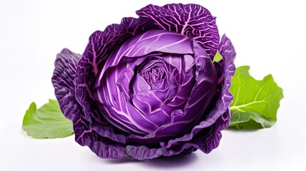 Obraz premium Fresh purple cabbage surrounded by green leaves on plain background ready for cooking or salads