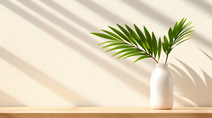 Serene Minimalist Home Decor Palm Leaf in White Vase on Wooden Shelf