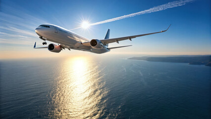 Obraz premium passenger jet flying high above ocean during sunset, creating stunning view