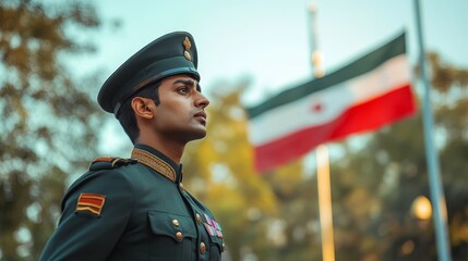 Obraz premium Proud South Asian Soldier in Uniform Standing Guard with National Flag Background
