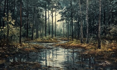 forest landscape in the rain oil painting