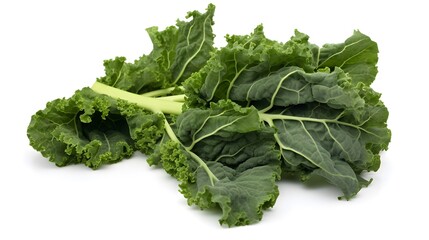 Fresh green kale leaves arranged on a white background highlighting their texture and color