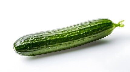 Freshly harvested cucumber placed on a clean white surface with water droplets sparkling under natural light