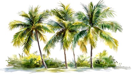 Obraz premium Watercolor Painting of Four Lush Palm Trees on a Tropical Island.