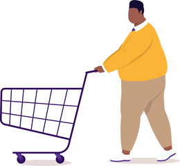 Side View Of One Plus Size Black Man Walking While Pushing An Empty Shopping Cart.