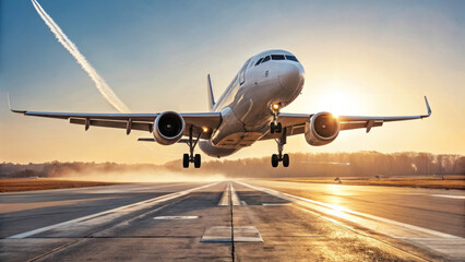 Fototapeta premium commercial airplane taking off at sunset, showcasing its powerful engines and sleek design