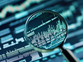 magnifying glass analyzing financial data on a computer screen