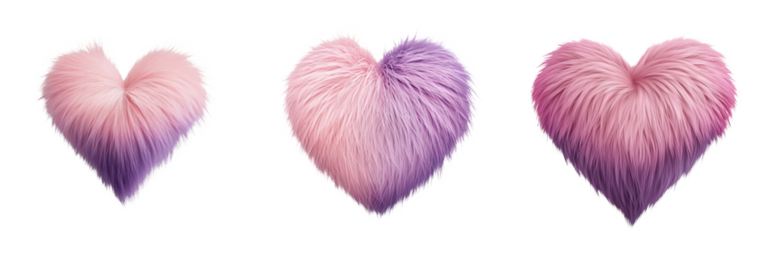 Three fluffy hearts in gradient shades of pink and purple, showcasing a soft, textured appearance. - Powered by Adobe