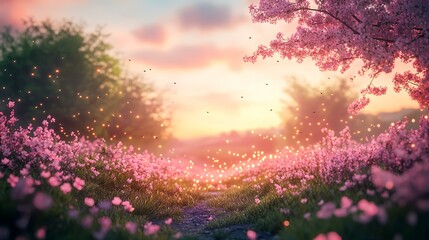 Fototapeta premium Magical sunset, pink blossoms, fireflies, path. Peaceful nature scene, perfect for spring, fantasy or romance themes