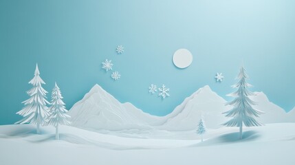 winter wonderland paper art landscape with snowflakes, christmas trees, mountains and moon