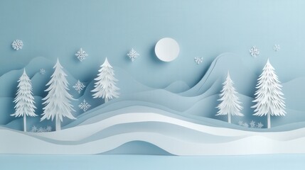 paper cut winter landscape with white trees, snowflakes and a full moon on a light blue background