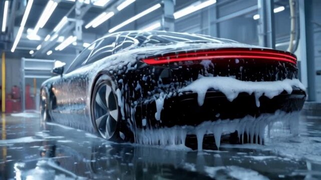 A sleek sports car is being thoroughly washed in a modern car wash facility