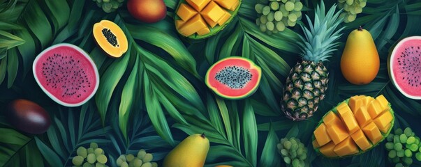 Fresh exotic fruits on green tropical palm leaves background